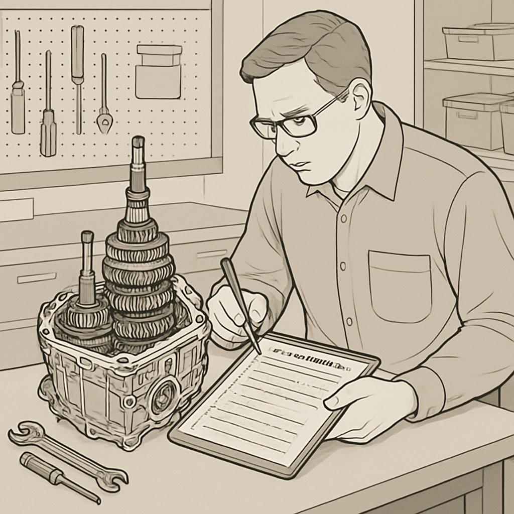 Man sitting at a workbench checking the SAE Application Sheet on a partially disassembled transmission with various tools ...