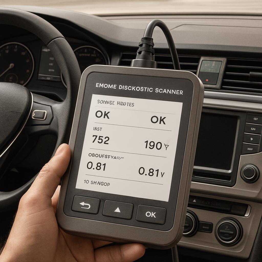 A hand holds an Emome Disckostic Scanner, displaying a screen with "EMOME DISCKOSTIC SCANNER" at the top, featuring "OK" b...