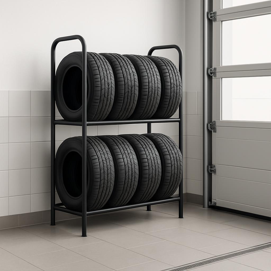 A black metal tire rack, featuring dual horizontal bars for securing tires, stands in an alley set against a wall with lar...